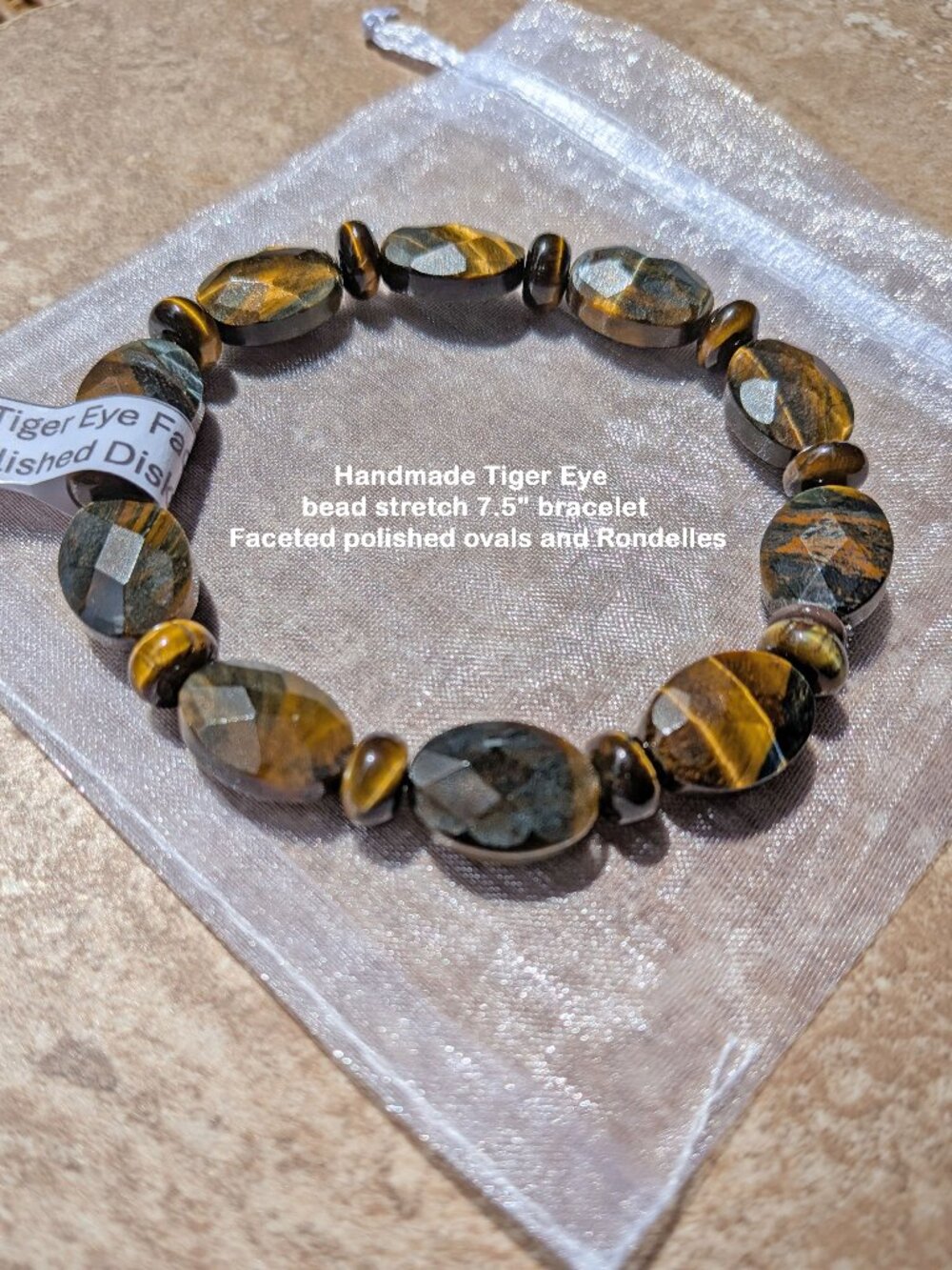 Handmade Tiger Eye bead stretch 7.5" bracelet, Faceted polished ovals & Rondelle
